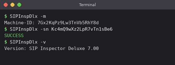 Figure 4 - Machine-ID, serial number and version on the command line (Linux or macOS; on Windows use SIPInspDlxCLI.exe)