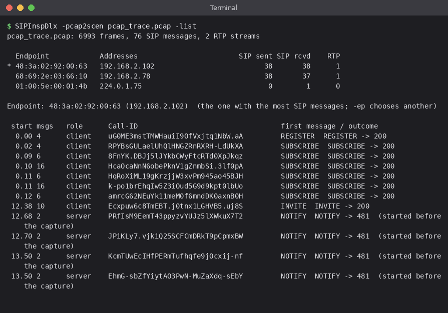 Figure 54 - Listing the endpoints and the dialogs of a capture