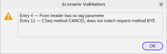 Figure 41 - Tools/Validate Scenario: the report lists the entry numbers and what was found
