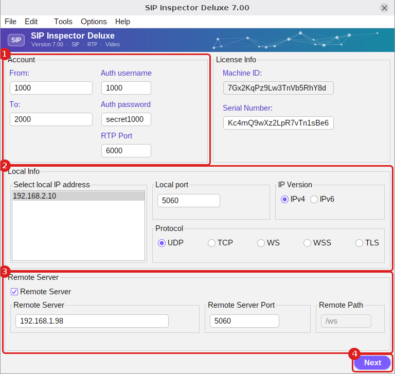 Figure 20 - Initial screen: (1) account, (2) local info, (3) remote server, (4) Next