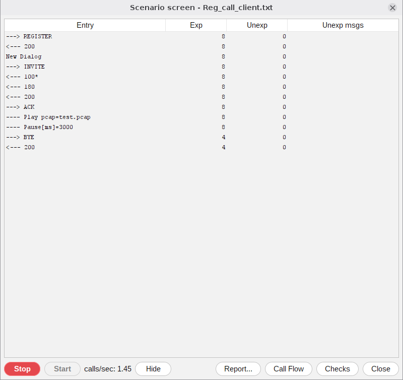 Figure 31 - The scenario progress screen while a client makes calls: the counters of the last entries are lower because those calls are still in their pause