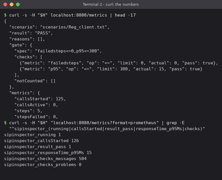 Figure 12 - The numbers of the run as JSON (the start of it) and as Prometheus text (a few of the lines)