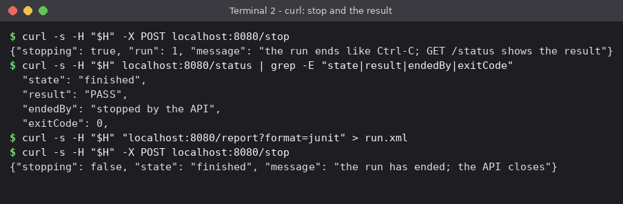 Figure 13 - Stopped by the API: the result, and the JUnit report saved