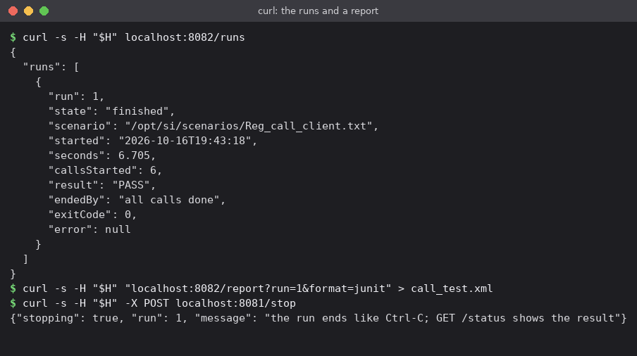 Figure 16 - The run is over: its result, its JUnit report, and the answering run stopped