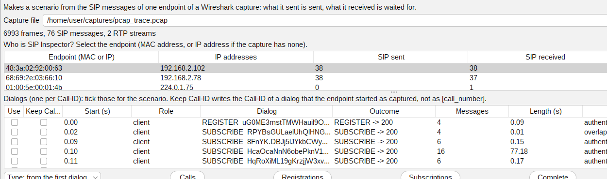 Figure 52 - The endpoints and the dialogs of the capture: Use, Keep Call-ID, role, outcome (the Notes column is further to the right)