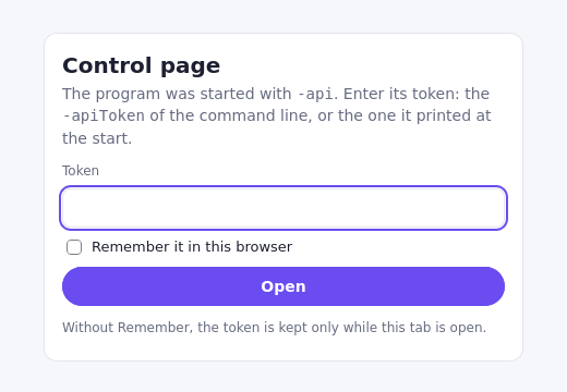 Figure 8 - The control page asks for the token